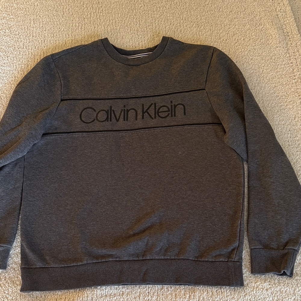 Calvin Klein Men's Gray Charcoal Crewneck Pullover Hoodie Size Small Black Logo - Picture 2 of 5